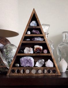 Occult Pagan Triangle Alter | Pyramid Shelves | Crystal Collection | Spiritual | Occult | Zen | Crystals | Sacred Space Ideas &amp; Inspiration | Boho Room | Bohemian Bedroom | Wooden Geometric Display Box | Gemstones