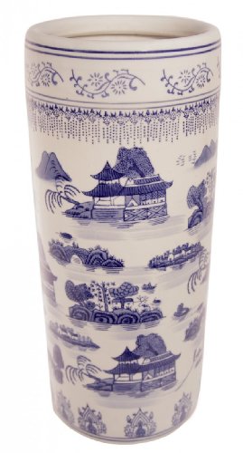 18"h Chinese Porcelain Umbrella Stand in Blue and White Umbrella Stand