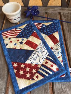Blue Patriotic Mug Rug Set in deep red, white and navy patriotic prints candle mat snack mat