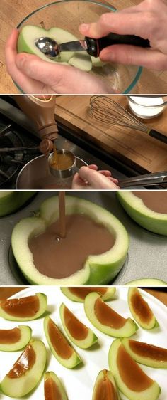 Inside Out Caramel Apples Slices maybe add some nuts before it hardens or drizzle chocolate when sliced up