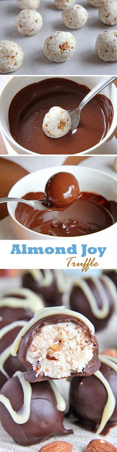 Truffles that tastes just like the Almond Joy candy bar! Your family and friends are sure to love them. | <a href="http://www.cakescottage.com" rel="nofollow" target="_blank">www.cakescottage.com</a> | <a class="pintag searchlink" data-query="%23almondjoy" data-type="hashtag" href="/search/?q=%23almondjoy&rs=hashtag" rel="nofollow" title="#almondjoy search Pinterest">#almondjoy</a> <a class="pintag searchlink" data-query="%23truffle" data-type="hashtag" href="/search/?q=%23truffle&rs=hashtag" rel="nofollow" title="#truffle search Pinterest">#truffle</a> <a class="pintag" href="/explore/homemade" title="#homemade explore Pinterest">#homemade</a>