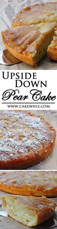 This soft and moist UPSIDE DOWN PEAR AND COCONUT CAKE is a great way to use up all those ripe pears. Top it off with some white chocolate shreds and it's a heavenly Fall/Autumn dessert! From cakewhiz.com