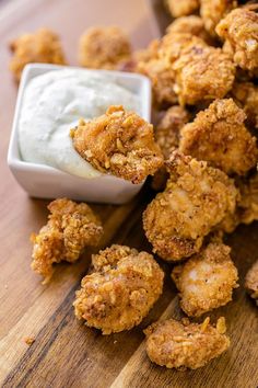 Crunchy-Baked Garlic ???Popcorn??? Chicken with Creamy Parmesan-Ranch Dipping Sauce