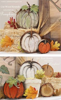 Wood rounds (tree slices) painted to look like pumpkins! Project by Kendra from???