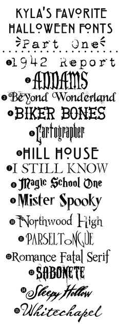 Kyla's 15 Favorite Spooky Fonts (Part 1): Here 15 great spooky fonts you can use to make those Halloween invitations and other printables. Downloads @: <a href="http://funkypolkadotgiraffe.blogspot.com/2012/09/kylas-favorite-free-halloween-fonts.html" rel="nofollow" target="_blank">funkypolkadotgira...</a>