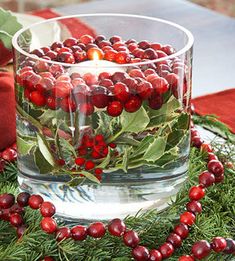 Christmas candle in cranberries & holly