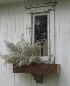 Old Chippy White Mirror...repurposed dresser drawer as a "window box"...architectural corbel.