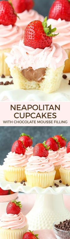 These Neapolitan Cupcakes are made with a vanilla cupcake, chocolate mousse filling and strawberry frosting!