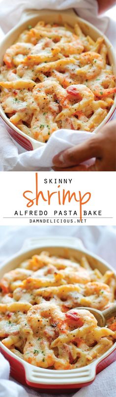 Skinny Shrimp Alfredo Pasta Bake - An unbelievably cheesy, creamy lightened-up pasta bake that you can easily make ahead of time!