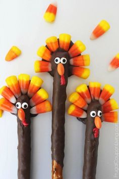 Turkey Pretzels ??? Thanksgiving Kids Food Craft. Chocolate Pretzel Rods with Candy Corn Features - Details on Frugal Coupon Living