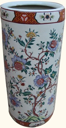 18" High Rustic Chinese Porcelain Umbrella Stand with Painted Chrysanthemum Flower Design. Umbrella Stand