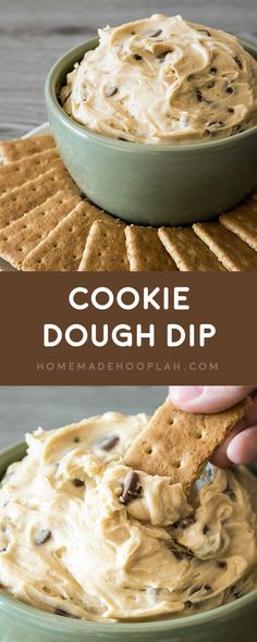 Cookie Dough Dip! Dazzle your guests by serving up dessert first with this ultra-creamy cookie dough dip with chocolate chips. It's also eggless and no bake! | <a href="http://HomemadeHooplah.com" rel="nofollow" target="_blank">HomemadeHooplah.com</a>