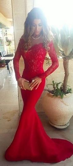 Long Sleeves Red Lace Long Prom Dresses,Wedding Dress,Mermaid Sheath Evening Dresses,Sexy Prom Dress On Sale