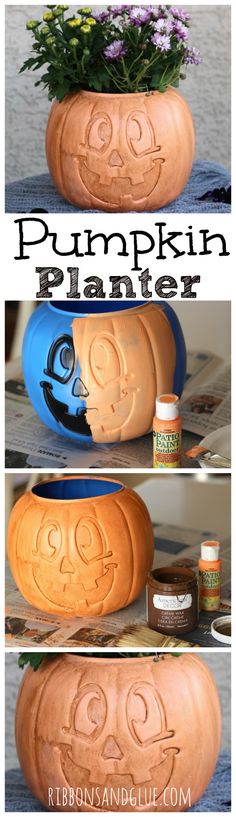 DIY Pumpkin Planter made from a plastic trick or treat bucket painted with a???