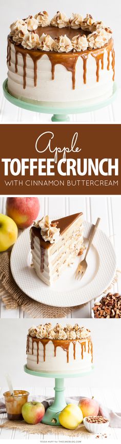 Apple Toffee Crunch Cake - fresh apple cake with crunchy pecans, cinnamon buttercream and a toffee sauce drip | by Tessa Huff for <a href="http://TheCakeBlog.com" rel="nofollow" target="_blank">TheCakeBlog.com</a>