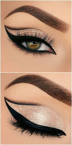 bold grapic cat eye outline / half cut crease in black + gold glitter | makeup @vanyxvanja
