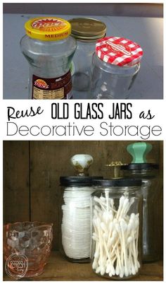 Old glass jars can easily be reused to organize almost anything - pantry items, craft supplies, bathroom odds and ends. Includes how to cut those screws on the knobs so they fit properly.
