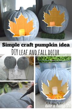 These leaf cut out pumpkins are the cutest! They give you the same fall feel to carving pumpkins without the mess. Using the craft pumpkins these can be used year after year in the fall decor! Just a few easy steps to make these fall leaf pumpkins!