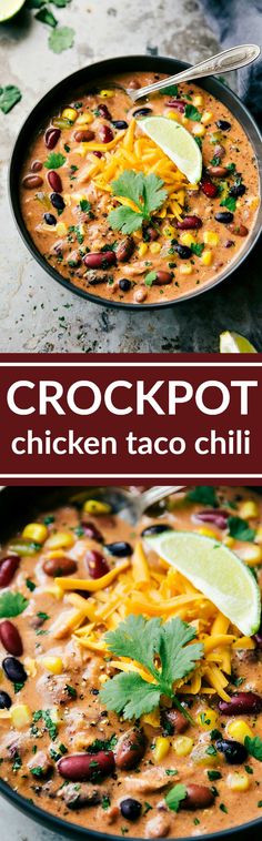 Dump it and forget about it crockpot creamy chicken taco chili with chicken, lots of beans and veggies, and plenty of good spice! via <a href="http://chelseasmessyapron.com" rel="nofollow" target="_blank">chelseasmessyapro...</a>