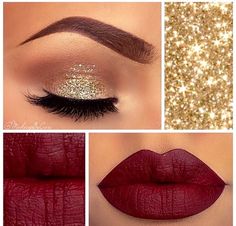 Dark Red Lips and Gold Eye Shadows for Christmas
