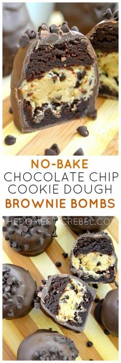 These No-Bake Chocolate Chip Cookie Dough Brownie Bombs are the ultimate treat! Egg-free cookie dough is wrapped with fudgy brownies and coated in rich milk chocolate. A chocolate lover&#39;s dream!
