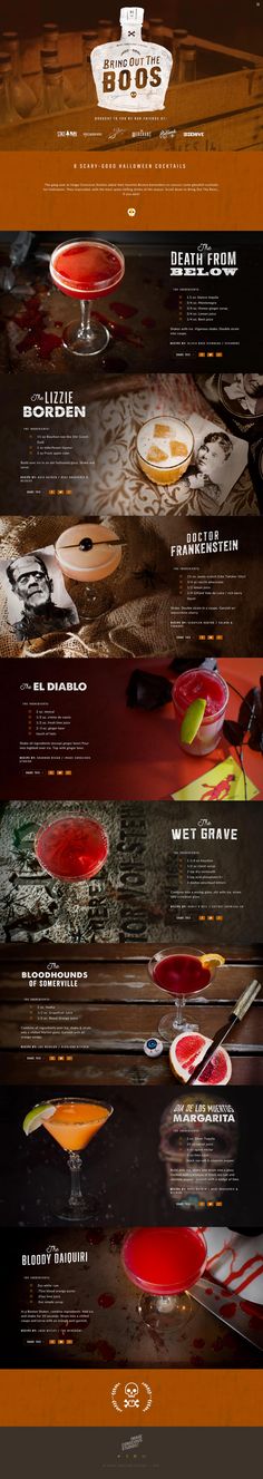 &#39;Bring Out the Boos!&#39; is a fun One Pager providing horror-themed cocktails for your upcoming Halloween party. The Single Page website features clearly laid out cocktail recipes alongside good imagery of the drink on a gory background.