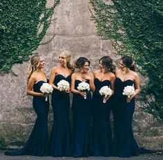 Strapless, Navy Blue Dresses for Bridesmaids + White Bouquets