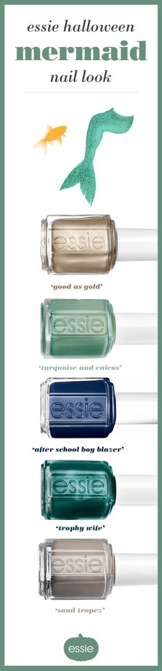This Halloween take your look underwater with a mermaid costume that goes swimmingly well with these cool essie nail polishes. Shimmer in the sea with the solid shine of ???good as gold???, feel the coolness of ???turquoise caicos???, get into the depth of ???after school boy blazer???, feel the sophistication of ???trophy wife???, or dress up like the beach princess you are with ???sand tropez???. With so many fun shades, it???s easy to be a princess of the sea.