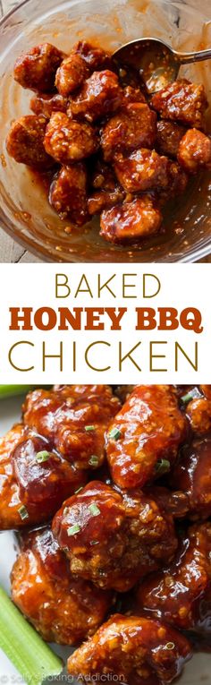 Baked Honey BBQ Poppers!! Easy, crunchy, sticky, saucy chicken poppers that are coated and baked, not fried. Recipe on <a href="http://sallysbakingaddiction.com" rel="nofollow" target="_blank">sallysbakingaddic...</a>