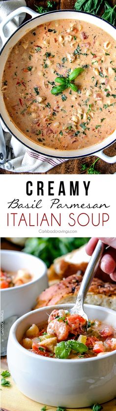 Creamy Basil Parmesan Italian Soup tastes better than any restaurant soup at a fraction of the price! Super easy, seasoned to perfection, bursting with tender chicken, tomatoes, carrots, celery and macaroni enveloped by creamy Parmesan.