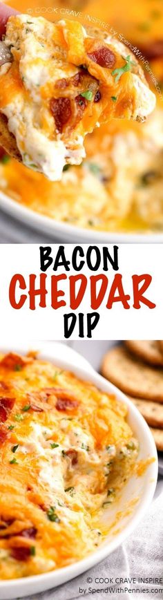 Hot Bacon Cheddar dip is hot, cheesy and loaded with flavor! The perfect party dip for crackers or chips!