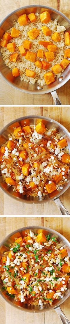 Healthy Quinoa Salad with Roasted Butternut Squash, Pine Nuts, Caramelized Onions and Feta cheese, with French Vinaigrette salad dressing. Healthy, full of anti-oxidants, protein, and it&#39;s gluten free!