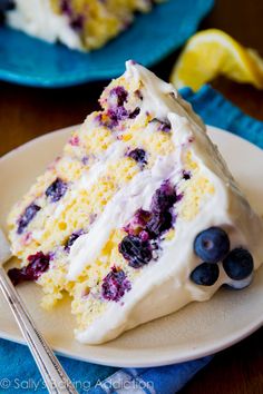 Sunshine-sweet lemon layer cake dotted with juicy blueberries and topped with lush cream cheese frosting.