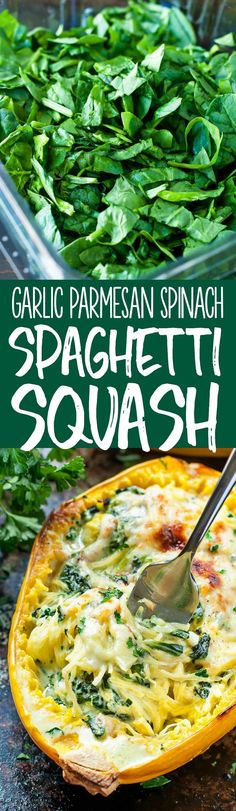 Aiming to eat more veggies? This Cheesy Garlic Parmesan Spinach Spaghetti Squash recipe packs an entire package of spinach swirled with an easy cheesy cream sauce.