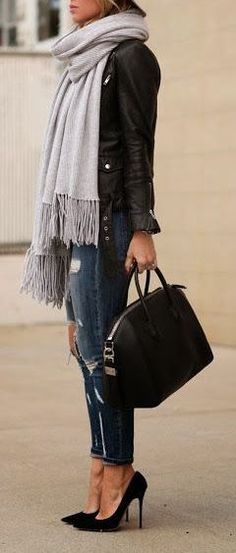 Gray scarf + leather.