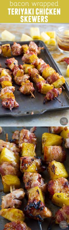 Bacon wrapped chicken thighs and chunks of pineapple are marinated in teriyaki sauce in these easy Bacon Wrapped Teriyaki Chicken Skewers. This is the perfect grilling dinner!: