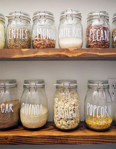 Korken Jars from Ikea, labeled with their dry pantry contents