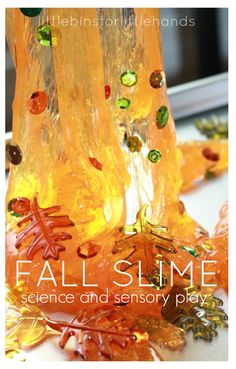 Fall Slime Recipe Easy Sensory Play. Slime science activity. Fall sensory play for kids.