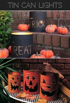 Tin Can Halloween Lights....could use pumpkin carving kit templates? Would be cute as fork and spoon holders