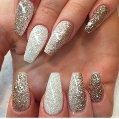 White to Gold Glitter Ombre Long Coffin Nails. Glam and Chic <a class="pintag" href="/explore/nail/" title="#nail explore Pinterest">#nail</a> <a class="pintag" href="/explore/nailart/" title="#nailart explore Pinterest">#nailart</a>