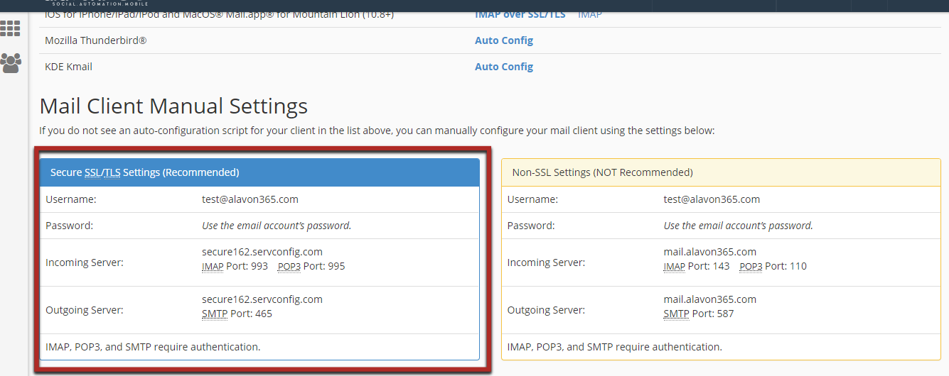 Manual email configuration cPanel