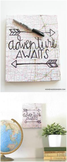 This unique hand lettered canvas art can be customized with a variety of different papers, maps, or book pages to fit the space you are decorating!